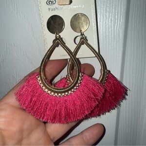 Source Unknown Hot Pink Tassel Hoop Earrings with Gold Accents
